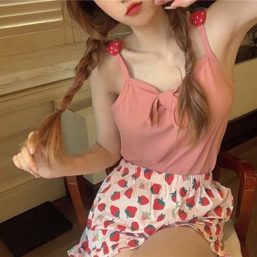 Summer Princess Sweet Cute Girl Pink Bows Sexy Sling Mini Pajamas Sets Kawaii Strawberry Shorts Homewear Loose Leisure Sleepwear