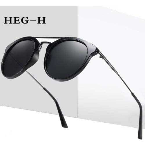 HEG-H Classic Vintage Round Polarized Sunglasses Men Brand Designer Sun Glasses Women Metal Frame Black Lens Eyewear Driving