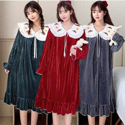 2021 Autumn Winter Plus Size Long Sleeve Gold Velvet Nightgown for Women Long Dress Sleepwear Night Dress Nightdress Home Nighty