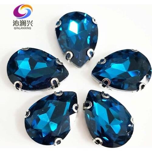 Peacock blue DR shape High quality Glass Crystal flatback sew on Anti hook claw rhinestones,Diy Clothing accessories SWSD13