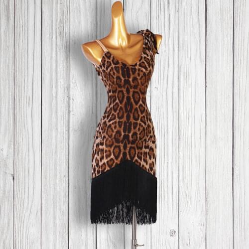 Latin Dance Dress Sling Leopard Print Tassel Skirt Performance Clothes Profession Custom Adult Child Competition Clothing