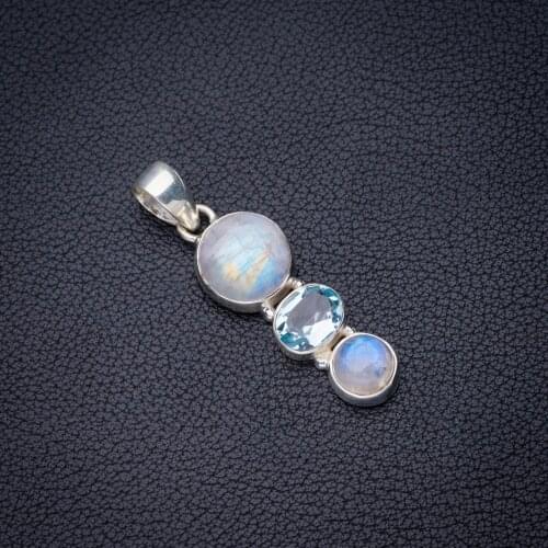 StarGems Natural Rainbow Moonstone Blue Topaz Handmade 925 Sterling Silver Pendant 1.75" E3869