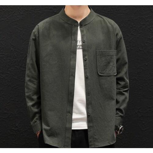 Cotton Linen Mens Long Sleeve Shirts 2021 Korean Solid Color Stand Up Collar Man Oversized Blouses Tops Male Shirt