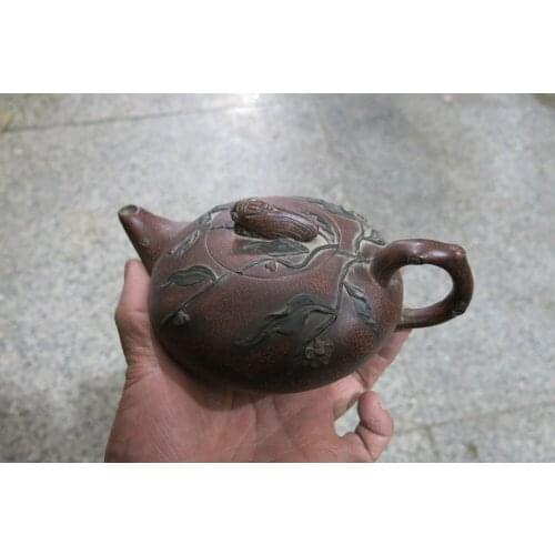 Old Chinese Handcraft Enameled YiXing Zi Sha Clay (yellow stoneware) Teapot, Cicada,with mark,Free shipping