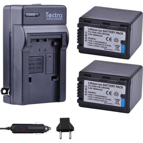 Tectra 2Pcs VW-VBK360 VBK360 bateria + Digital Charger for Panasonic HDC-TM40 HDC-TM41 HDC-TM55 HDC-TM60 HDC-TM80 HDC-TM90 SD40
