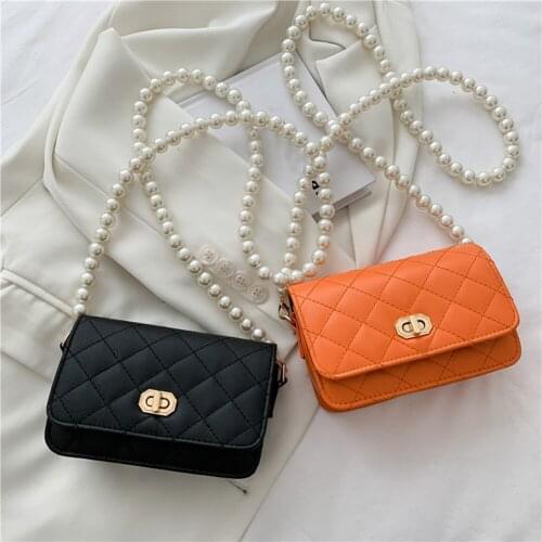 Vintage PU Leather Lattice Pattern Women Shoulder Messenger Bags Casual Pure Color Ladies Pearl Chain Small Crossbody Handbags