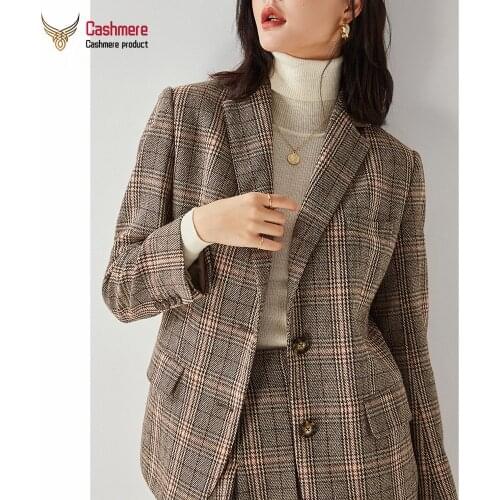 Womens Wool Suit Jacket Retro Large Plaid Loose Casual Jacket Female Single-breasted 2021 Autumn Winter Lapel Plaid Suit 12656