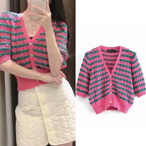 Za Women 2021 Striped Hollow Out Knit Buttons Cropped Cardigan Sweater Vintage V Neck Full Sleeve Female Outerwear Tops PL474