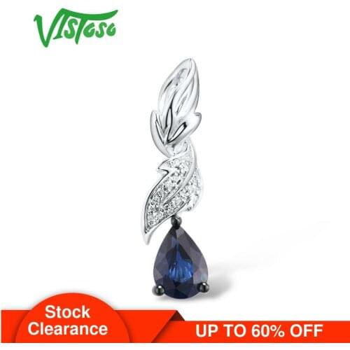 VISTOSO Gold Pendants For Women Pure 14K 585 White Gold Delicate Blue Sapphire Sparkling Diamond Elegant Fine Jewelry