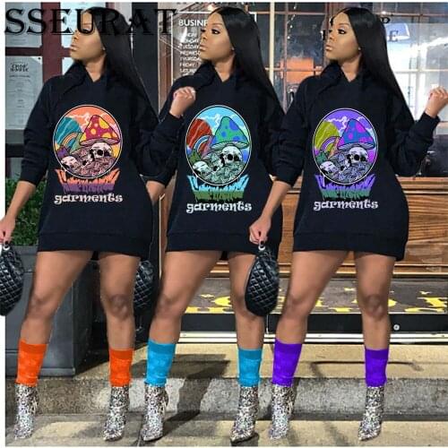 SSEURAT 2021 Autumn Women Cartoon Print Hooded Long Sleeve Sweatshirt Style Mini Dress