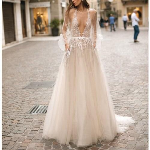 SSYFashion New Long Evening Dress Sexy Halter Deep V-neck Backless Lace Appliques Beading Beach Gowns Formal Dresses with Shawl
