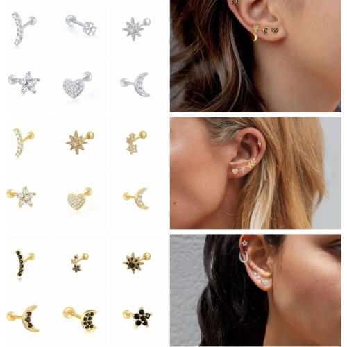 Aide 1Pair Minimalist Moon Star Cartilage Ear Buckle Piercing Stud Earrings 925 Sterling Silver Small Earrings For Women Aretes