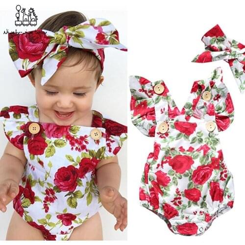 Cute Floral Romper 2pcs Baby Girls Clothes Jumpsuit Romper+Headband 0-24M Ifant Toddler Newborn Outfits Set Baby Kids Clothes