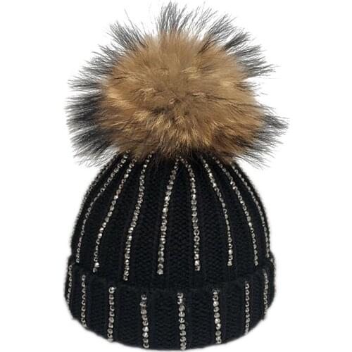 2019 Fashion Glitter Rhinestone Beanie Hat Kids Winter Knitted Caps Boys Girls Cotton Skullies Beanies Big Fur Pompom Hats