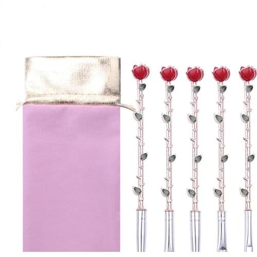 5pcs Rose Theme Makeup Brushes Professional Foundation Powder Blush Eyeshadow Eyebrow Blending Brush Set Metal Handle Brush