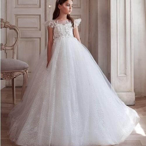 White Glitter Flower Girl Dresses For Wedding Jewel Neck Bling Beads Toddler Pageant Gowns Tulle Appliques First Communion Dress