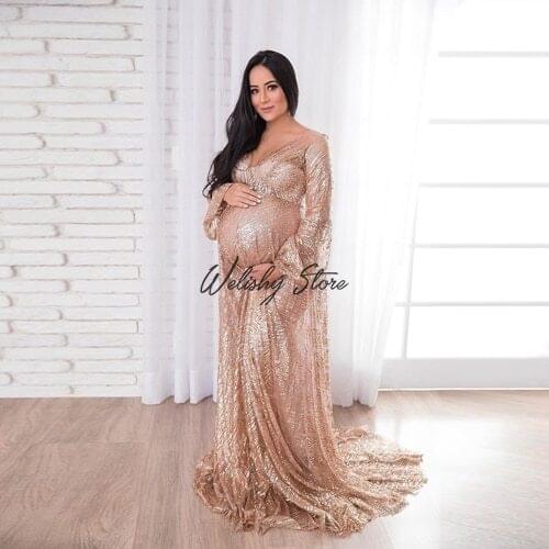 Shiny Champagne Gold Sequins Long Dresses For Maternity Women Photography V-Neck Full Latern Sleeves Sexy See Thru Dress Robes
