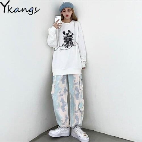 Harajuku Tie Dye Panelled Multi-pocket Cargo Pants Women Elastic High Waist Light Color Baggy Casual Streetwear Trousers Female