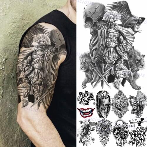 Black Warrior Knight Tribe Temporary Tattoos For Men Adult Clown Tiger Owl Fake Tattoo Sticker Gun Sword Unique Washable Tatoos