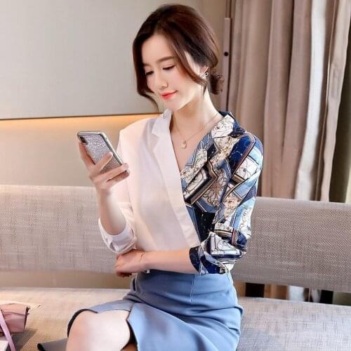 Color Contrast Summer Chiffon Women Shirts Fashion V-Neck Long Sleeve Loose Blouses Temperament All-Match Tops Blusas MM0353