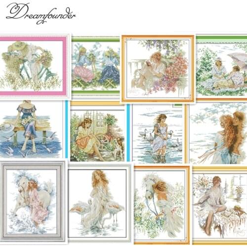 The girl walk with her horse cross stitch kit people 14ct 11ct count print canvas stitches embroidery DIY handmade needlework