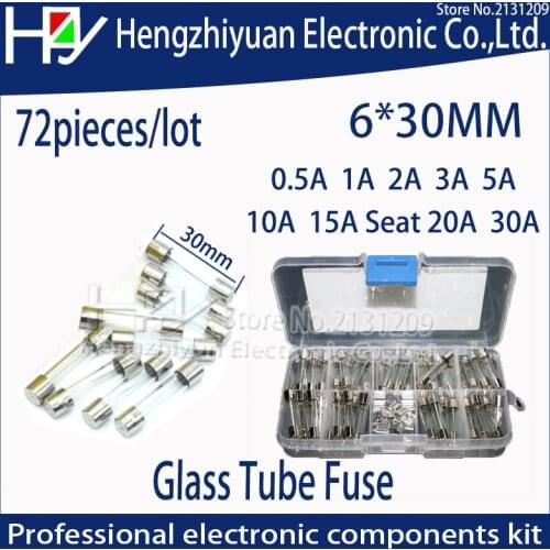 Hzy 72pcs/lot 6x30mm Fast-blow Glass Fuses Quick Blow Car Glass Tube Fuses Assorted Kit Amp seat home fuse with box thermo fuse