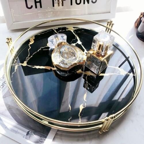 Creative Black Marble Pattern Mirror Tray Cosmetics Jewelry Storage Tray Metal Round Plate Dressing Table Living Room Decoration