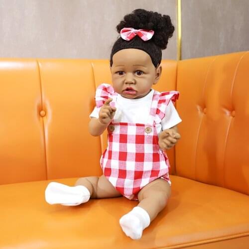 Adorable 24 Inch Reborn Baby Doll Girl 60CM African American Newborn Baby Dolls Black Skin With Brown Eye Vinyl Bonecas Doll Toy