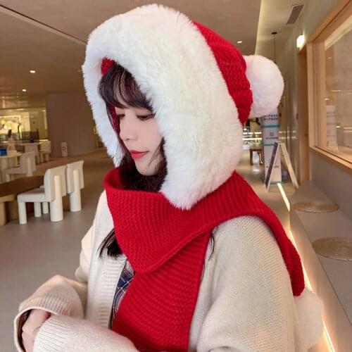Autumn and Winter Hooded Hat, Christmas Hat, Scarf, One-piece Knitted Bucket Hat, Thickened Cold Protection Winter Fisherman Hat
