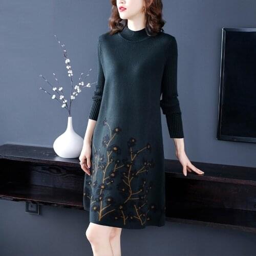 New Knitted Sweater Dress for Women Knee-length Printed Half Turtleneck Pullover Dress Autumn Winter Female Loose Vestidos 2021