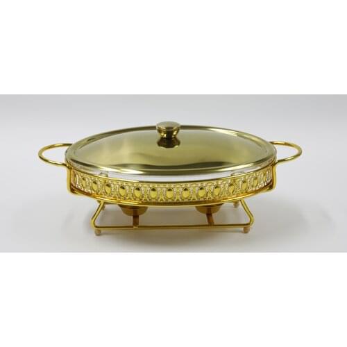 3L Food Warmer Buffet Luxury Glided Golden Oval Hotel Wedding Chafing Dish Stainless Steel Glass Serving Dish