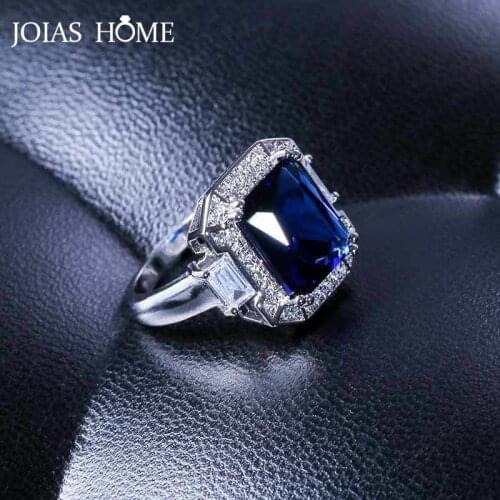 JoiasHome Luxury Wedding Ring For Women Geometry Silver 925 Jewelry Gemstone Blue White Zircon Sapphire Size6-10 Gift Wholesale