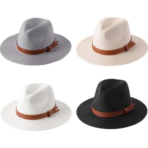 Hot kf-New Natural Panama Soft Shaped Straw Hat Summer Women/Men Wide Brim Beach Sun Cap UV Protection Fedora Hat