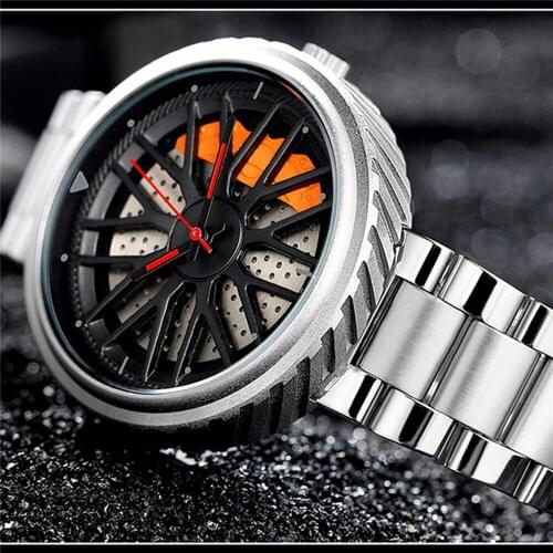 Quartz Watch Wheel Rim Hub Waterproof Wristwatch with Stainless Steel Strap & Skeleton Dial High Hardness Mineral Tempered Glass