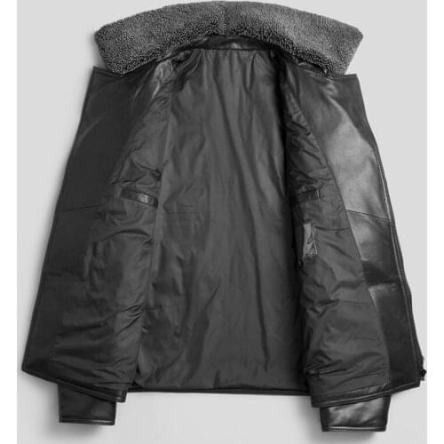 High Quality Mens Winter Real Wool Fur Collar Down Coat Male Biker Sheepskin Genuine Leather Jacket Motorcycle Outwear Overcoat