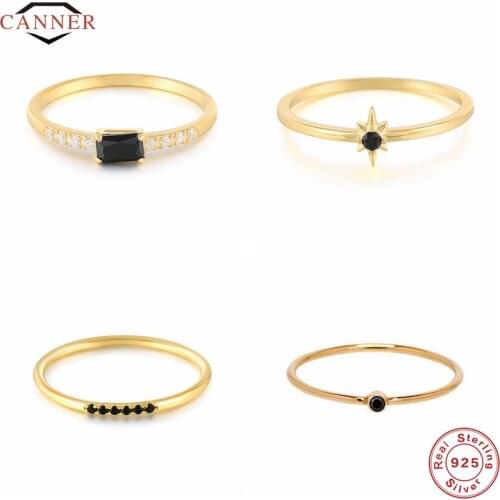 CANNER 925 Sterling Silver Rings for Women Cute Snake Round Ring Black Zircon Gold Color Fine Jewelry Minimalist Gift anillos