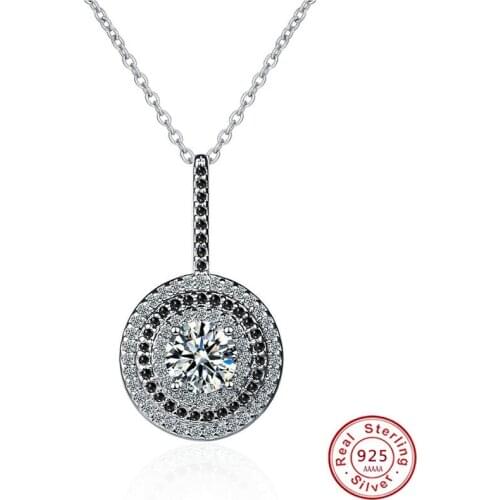 Solid 100% 925 Sterling Silver Womens Necklace Wedding Fine Jewelry Round Bijoux Black Spinel Pendants Necklace with 925 Stamp