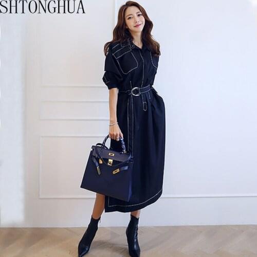 SHTONGHUA Korean Designer Trench Women Dress Runway 2019 Summer Long Dress Chic Turn down Collar Slim Split Dress Vestidos