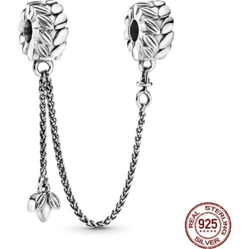 100% Real 925 Sterling Silver Wheat Ear Carved Fixed Clip Safety Chain Fit Original 3mm Bracelet&Bangle Making Fashion DIY Jewe