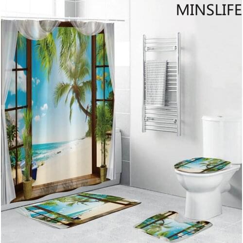 3D Seaside Resort Style Bathroom Shower Curtain and Rug Sets Sea Beach Printed Bath Curtains Non Slip Toilet Cover Rugs Mat Set