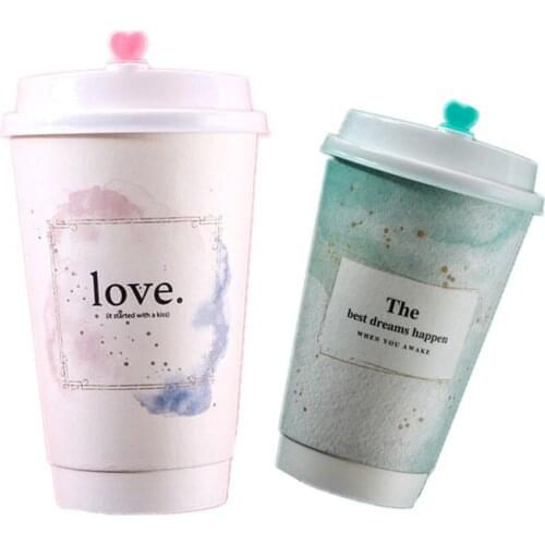 50pcs Creative thick coffee paper cup 500ml disposable double layer hot cold drink takeaway packaging cups with love lid