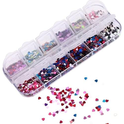 12 Grids Sweet Love Heart Nail Glitter Sequins Colourful Sequins Shining Laser Nail Art Paillette Manicure Nail Decorations