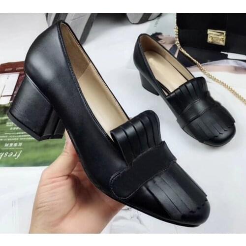 Black Genuine Leather Woman High Heels Vintage Loafers Shoes With Fold Over Fringe 3.3" Heel Height Tacones Altos Christmas Gift