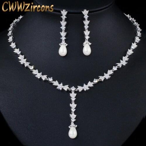 CWWZircons Gorgeous Cubic Zirconia Stone Pave Women Wedding Banquet Long Pearl Necklace and Earrings Bridal Jewelry Sets T368