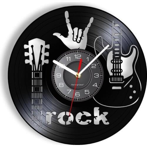 Electric Guitar Vinyl Album Record Wall Clock Rock N Roll Music Instrument Room Decor Vintage Retro Pub Bar DJ Inspired Gift
