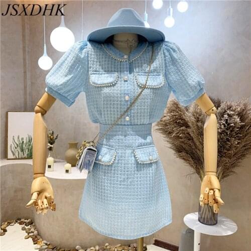 JSXDHK Fashion Designer Sweet Pearl Beaded Two Piece Set Women Short Puff Sleeve Button Shirts Tops + Mini Skirts Suit Ladies