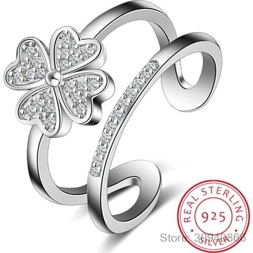 925 Sterling Silver Rings For Women Mosaic CZ Zirconia Lucky Four Leaf Clover Multi-layer Resizable Rings Bague S-R193