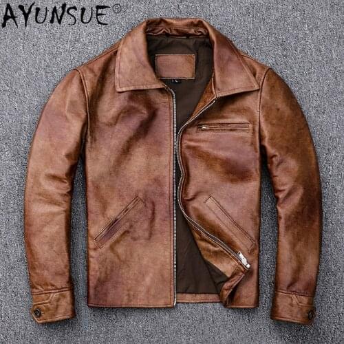 AYUNSUE Genuine Leather Jacket Men Clothes 2021 Brown Vintage Motorcycle Cow Leather Coat Slim Spring Autumn Veste Cuir Homme