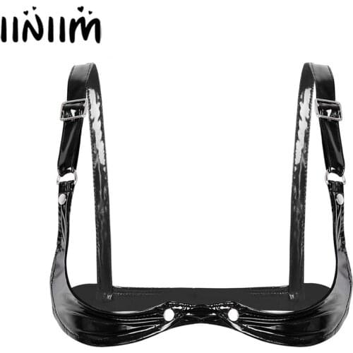 Hot Womens Adult Evening Party Pole Clubwear Sexy Open Bras Spaghetti Straps Bra Lingerie Wetlook Faux Leather Open Cup Bra Top
