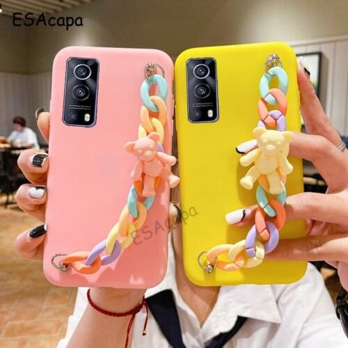 Cute 3D Bear Wrist Chain Silicone Phone Case For OPPO IQOO Z3 NEO 5 U3X 1X Candy Colors Soft Cover For OPPO IQOO 5 Pro Z1X U1